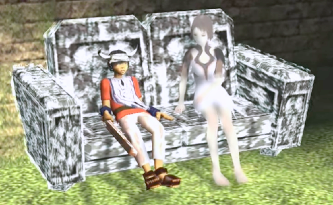 Screenshot of the game Ico. A young kid with horns sits in a stone bench with a a pale young girl with an ashen dress