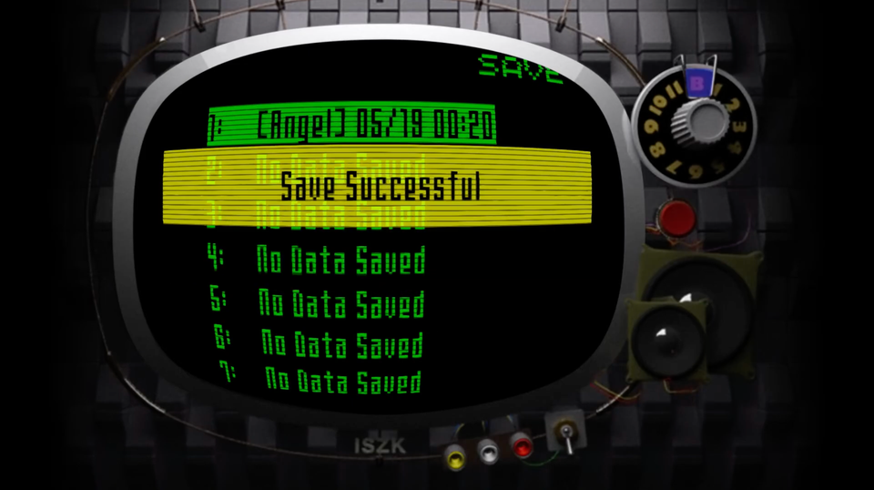 Screenshot of Killer7 save screen. it shows a tv screen rendered in 3D with green text, showin with a fish eye effect