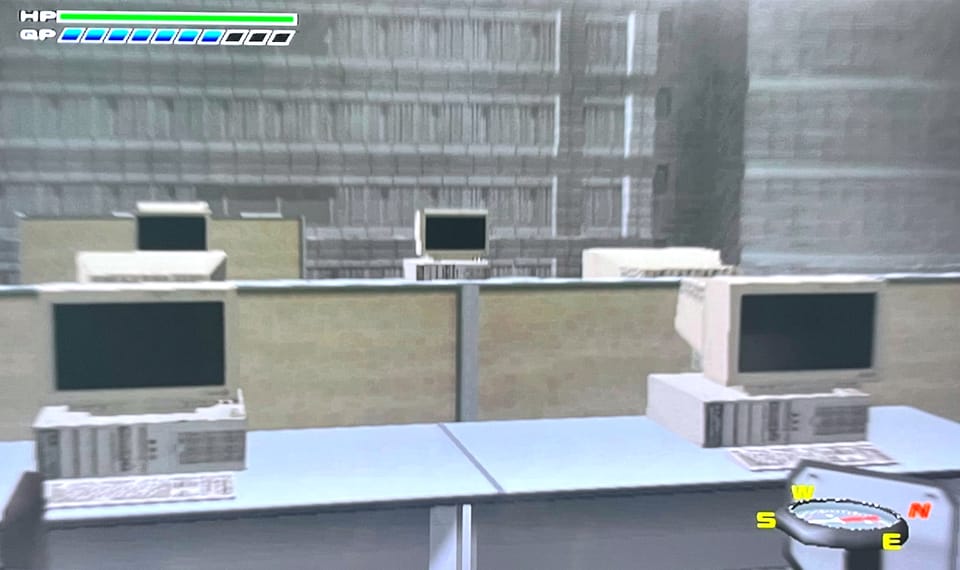 Screenshot of the game Disaster Report, showcasing some desktop computers in an office building